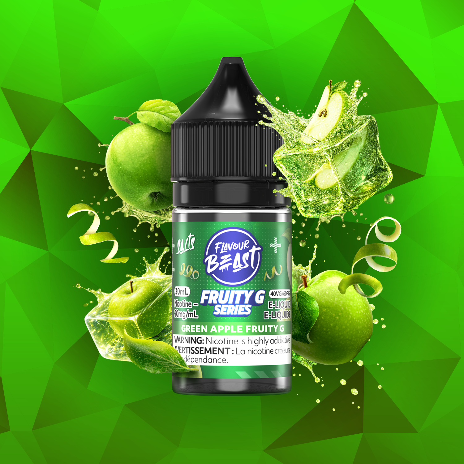 Flavour Beast Green Apple Fruity G Series 30mL salt nicotine e-liquid, 20mg/mL, crisp green apple with bright intensity, for refillable pod systems, available at Supa Vapes Canada.