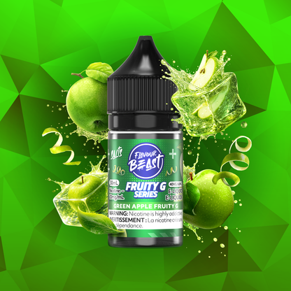Flavour Beast Green Apple Fruity G Series 30mL salt nicotine e-liquid, 20mg/mL, crisp green apple with bright intensity, for refillable pod systems, available at Supa Vapes Canada.