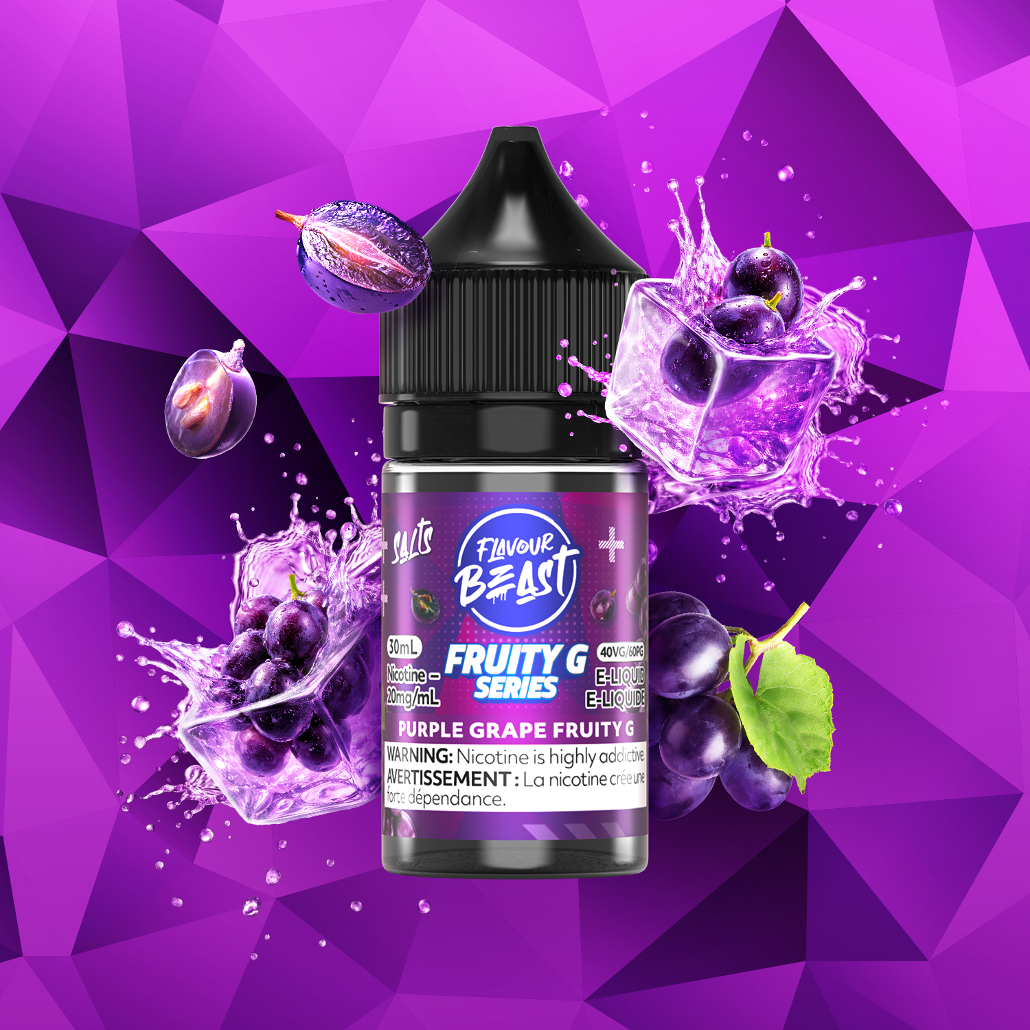 Flavour Beast Purple Grape Fruity G Series 30mL salt nicotine e-liquid, 20mg/mL, bold grape flavour with deep concentrated fruit character, for refillable pod systems, available at Supa Vapes Canada.
