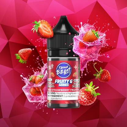 Flavour Beast Red Strawberry Fruity G Series 30mL salt nicotine e-liquid, 20mg/mL, ripe strawberry with layered fruit depth, for refillable pod systems, available at Supa Vapes Canada.