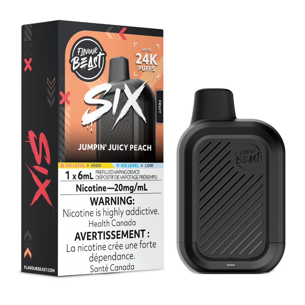 Flavour Beast SIX disposable vape in Jumpin' Juicy Peach flavour, 24,000 puffs, 6mL | Supa Vapes Canada