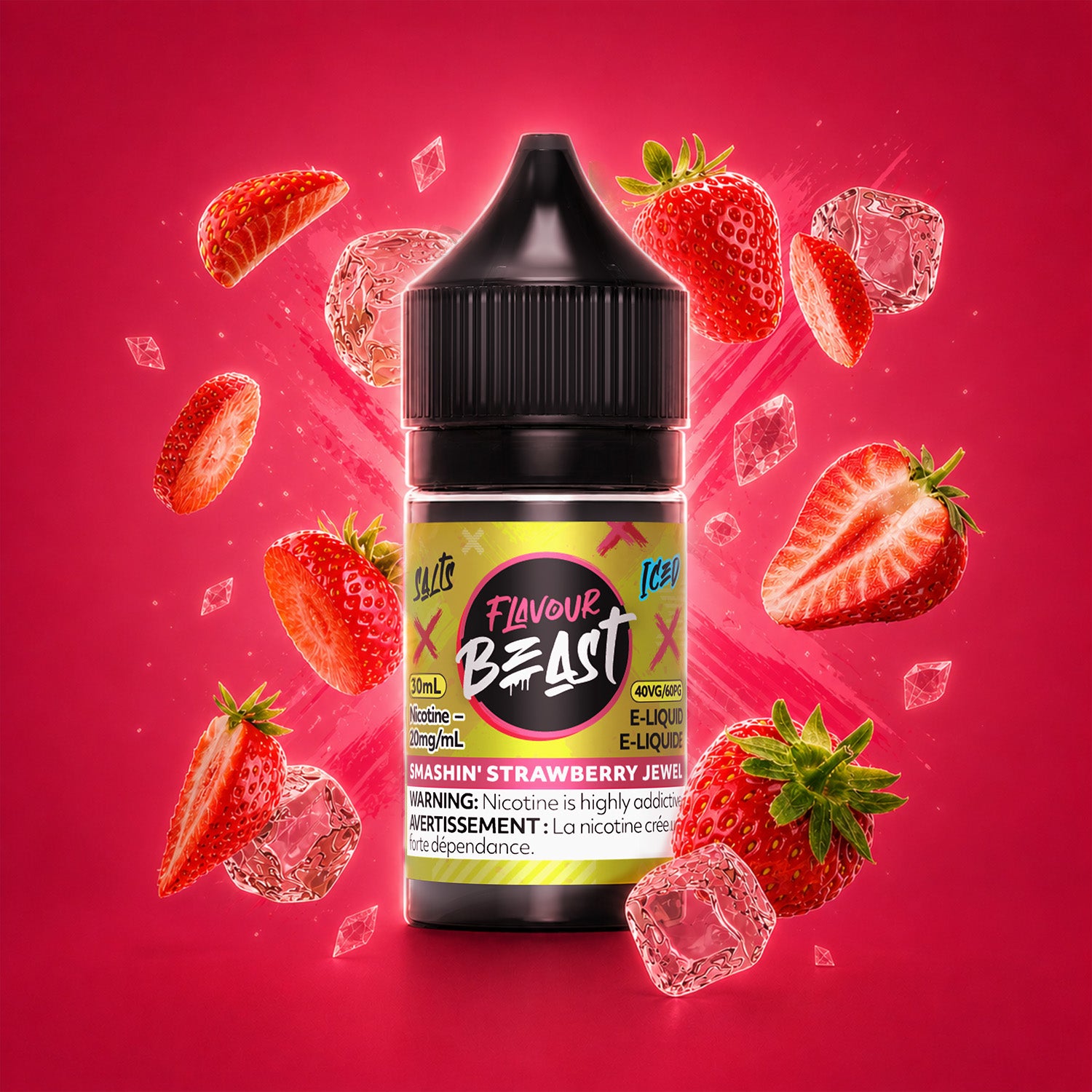 Flavour Beast Smashin' Strawberry Jewel Iced 30mL salt nicotine e-liquid, 20mg/mL, ripe strawberry with mixed berry and menthol finish, for refillable pod systems, available at Supa Vapes Canada.