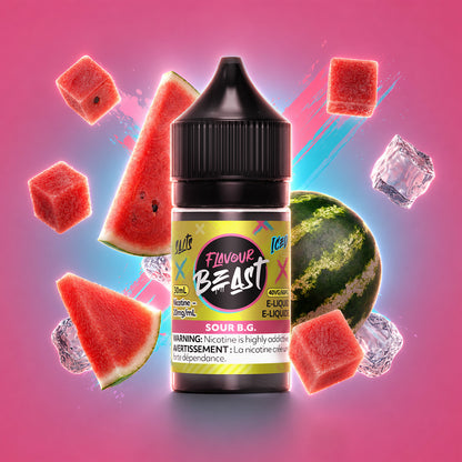 Flavour Beast Sour B.G. Iced 30mL salt nicotine e-liquid, 20mg/mL, sour blue raspberry and grape with iced menthol finish, for refillable pod systems, available at Supa Vapes Canada.