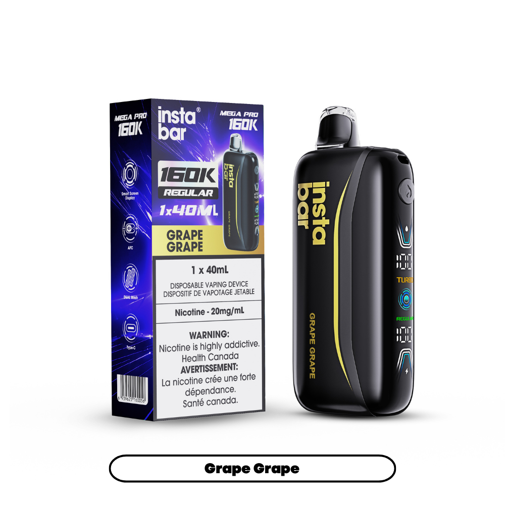 Insta Bar Mega Pro 160K disposable vape in Grape Grape flavour, 160,000 puffs, 40mL | Supa Vapes Canada