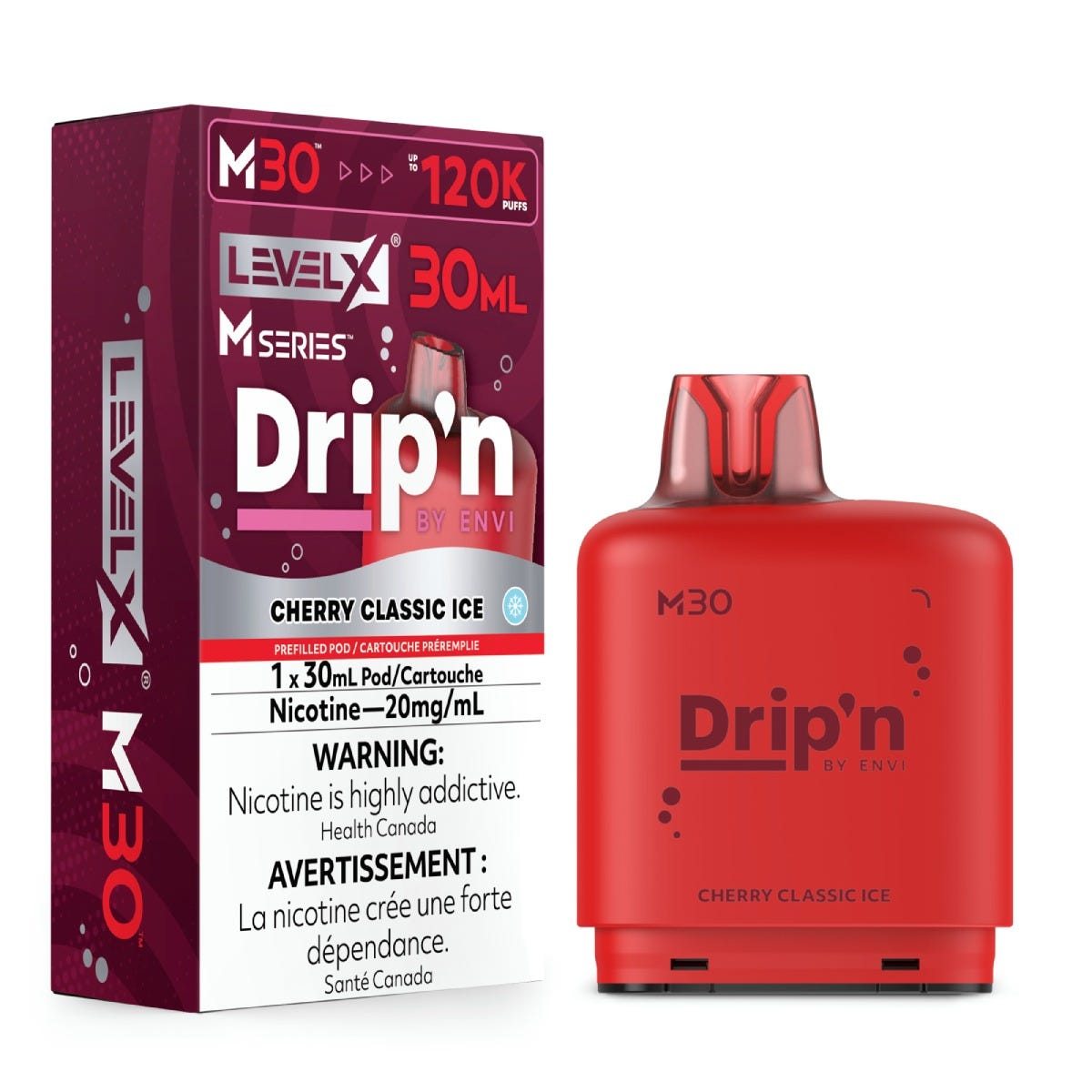 Level X Drip'n by Envi M30 pod in Cherry Classic Ice flavour, 30mL, 120K puffs | Supa Vapes Canada