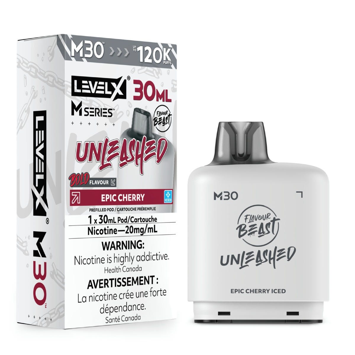 Flavour Beast Level X Unleashed M30 pod in Epic Cherry Iced flavour, 30mL, 120K puffs | Supa Vapes Canada