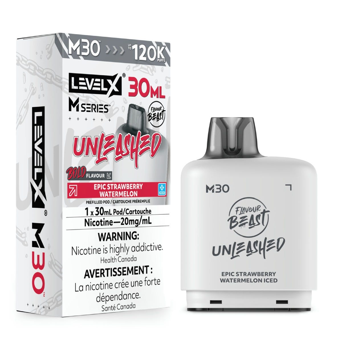Flavour Beast Level X Unleashed M30 pod in Epic Strawberry Watermelon Iced flavour, 30mL, 120K puffs | Supa Vapes Canada