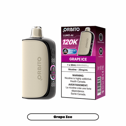Orbito Lumo-AI 120K disposable vape in Grape Ice flavour with Smart AI Core, 120,000 puffs, 20mg salt nicotine, available at SupaVapes Canada.