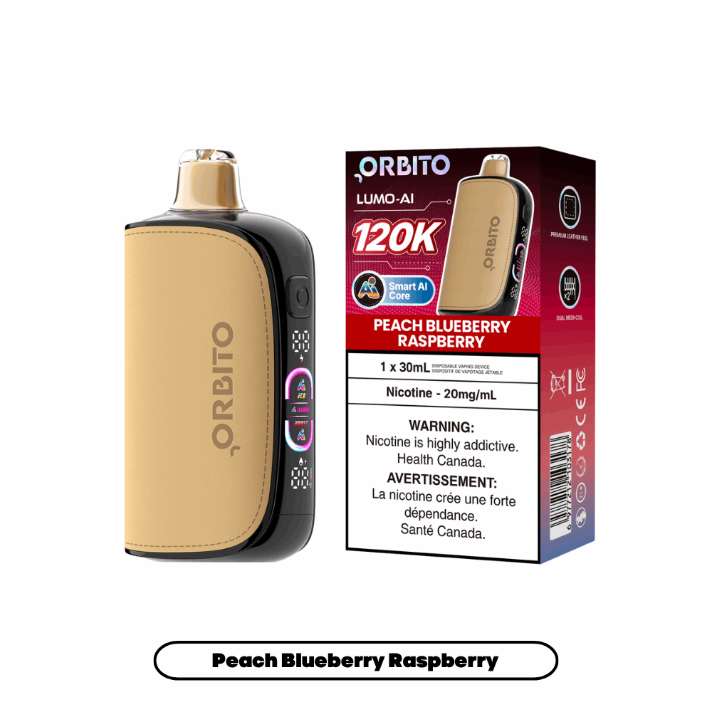 Orbito Lumo-AI 120K disposable vape in Peach Blueberry Raspberry flavour with Smart AI Core, 120,000 puffs, 20mg salt nicotine, available at SupaVapes Canada.