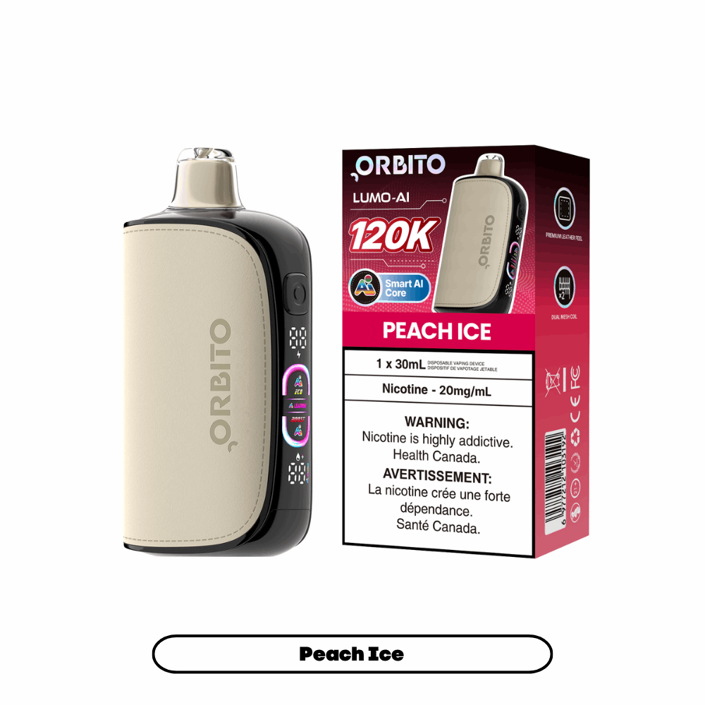 Orbito Lumo-AI 120K disposable vape in Peach Ice flavour with Smart AI Core, 120,000 puffs, 20mg salt nicotine, available at SupaVapes Canada.