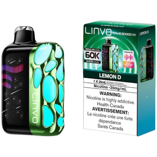 Linvo Rave 60000 PRO, Lemon D flavour disposable vape with beat-sensing LED lights, adjustable airflow, rechargeable battery, perfect for vapers in Ontario and Quebec.