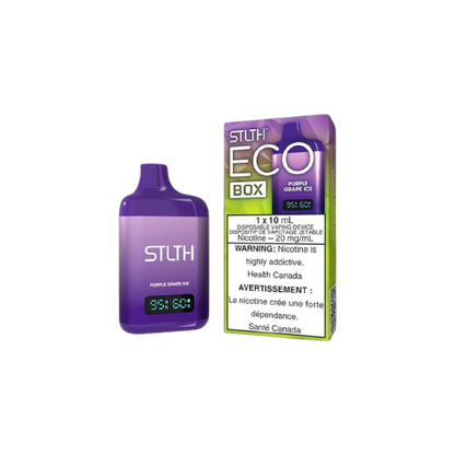 STLTH ECO BOX Disposable, Purple Grape Ice flavour, rechargeable with 10ML premium e-liquid, adjustable airflow, USB-C charging, designed for vapers in Ontario and Quebec.