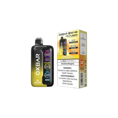 Rocky Vapor Oxbar Tri Fusion, Pineapple Coconut Ice flavour, custom triple tank control for optimized vaping experience, designed for vapers in Ontario and Quebec.