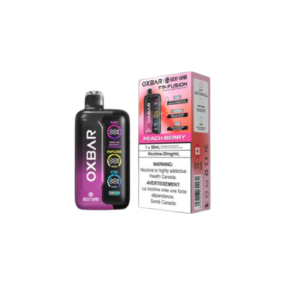 Rocky Vapor Oxbar Tri Fusion, Peach Berry flavor, customizable vaping device, ideal for Ontario and Quebec vape enthusiasts.