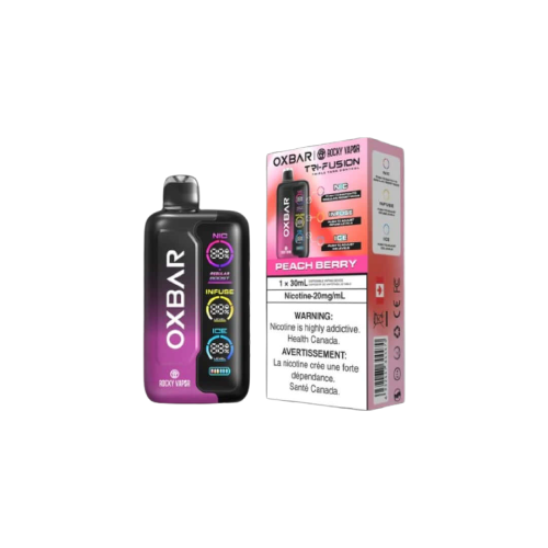 Rocky Vapor Oxbar Tri Fusion, Peach Berry flavor, customizable vaping device, ideal for Ontario and Quebec vape enthusiasts.