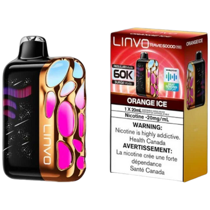Linvo Rave 60000 PRO, Orange Ice flavour, 60,000 puffs capacity, beat-sensing LED lights, adjustable airflow, rechargeable battery, premium disposable vape for Ontario and Quebec vapers.