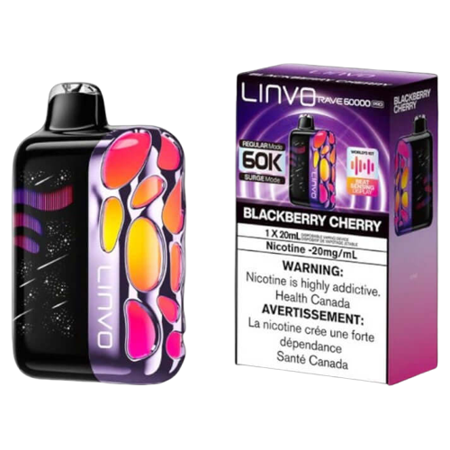 Linvo Rave 60000 PRO, Blackberry Cherry flavour, smart LED beat-sensing lights, adjustable airflow, personalized vape experience, premium disposable vape for Ontario and Quebec users.