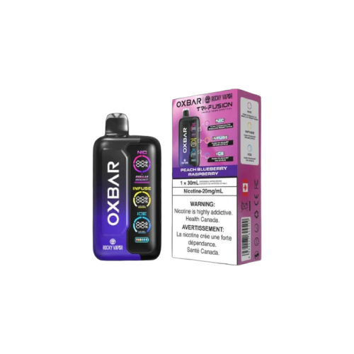 Rocky Vapor Oxbar Tri Fusion, Peach Blueberry Raspberry flavour, refreshing and juicy vape, popular among Ontario and Quebec vapers.