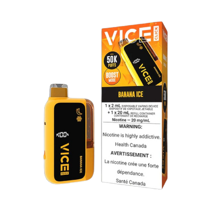VICE CLICK Disposable, BANANA ICE flavour, powerful disposable vape with up to 50,000 puffs and refillable cartridge, ideal for Ontario and Quebec customers.