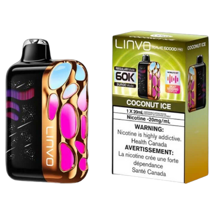 Linvo Rave 60000 PRO, Coconut Ice flavour, smooth consistent hits with beat-sensing LED lights, 60,000 puff capacity, designed for Ontario and Quebec vapers.