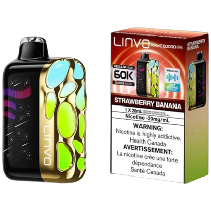 Linvo Rave 60000 PRO, Strawberry Banana flavour, up to 60,000 puffs, smart LED display, adjustable airflow, USB-C rechargeable battery, designed for Ontario and Quebec vapers.