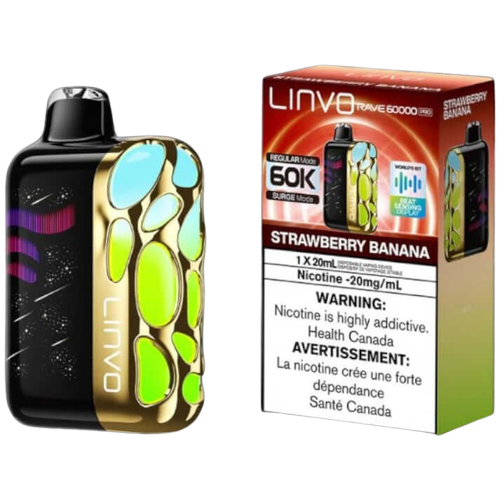 Linvo Rave 60000 PRO, Strawberry Banana flavour, up to 60,000 puffs, smart LED display, adjustable airflow, USB-C rechargeable battery, designed for Ontario and Quebec vapers.