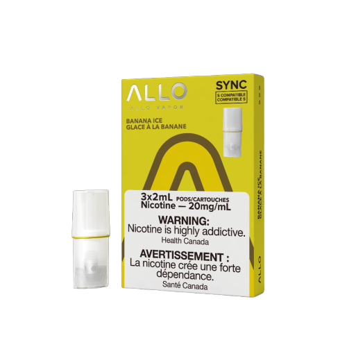 Allo Sync Pods, Banana Ice flavour pod with 20mg nicotine strength, STLTH-compatible with mesh coil for smooth vaping experience, ideal for Ontario and Quebec vapers.