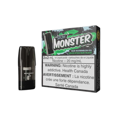 STLTH Monster Pods (Clearance), Blue Watermelon Ice flavour pod with 20mg salt nicotine, smooth and flavour-packed draws, compatible with STLTH devices, ideal for Ontario and Quebec vapers.
