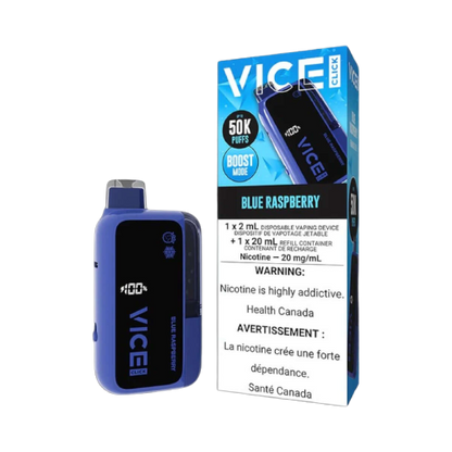 VICE CLICK Disposable, Blue Raspberry flavour, up to 50,000 puffs, flexible modes and fast recharge, nicotine strength not specified, designed for Ontario and Quebec vapers.