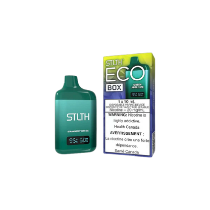 STLTH ECO BOX Disposable, Green Apple Ice flavour, rechargeable disposable vape with 10ML e-liquid and adjustable airflow, designed for Ontario and Quebec vapers