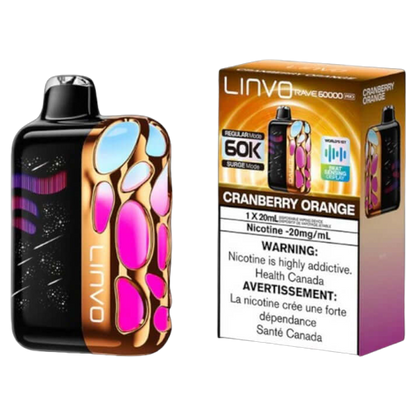 Linvo Rave 60000 PRO, Cranberry Orange flavour, 60,000 puffs disposable vape with smart LED display, adjustable airflow, and USB-C rechargeable battery, ideal for Ontario and Quebec vapers.