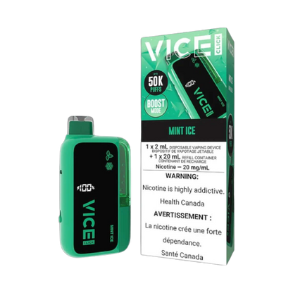 VICE CLICK Disposable, Mint Ice flavour, refreshing coolness with bold and smooth hits, designed for Ontario and Quebec vape enthusiasts.