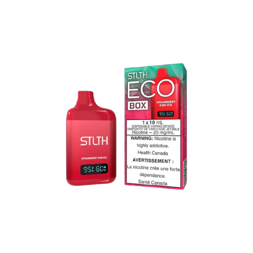 STLTH ECO BOX Disposable, Strawberry Kiwi Ice flavour, rechargeable with 10ML e-liquid, smooth flavour and customizable draw, designed for Ontario and Quebec vapers.