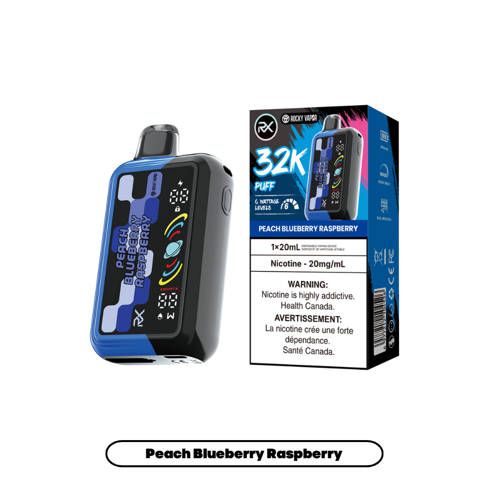 Rocky Vapor RX 32K disposable vape in Peach Blueberry Raspberry flavour, 32,000 puffs, 20mL | Supa Vapes Canada