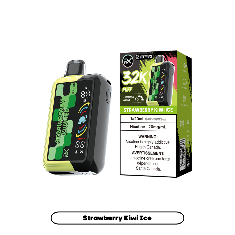Rocky Vapor RX 32K disposable vape in Strawberry Kiwi Ice flavour, 32,000 puffs, 20mL | Supa Vapes Canada