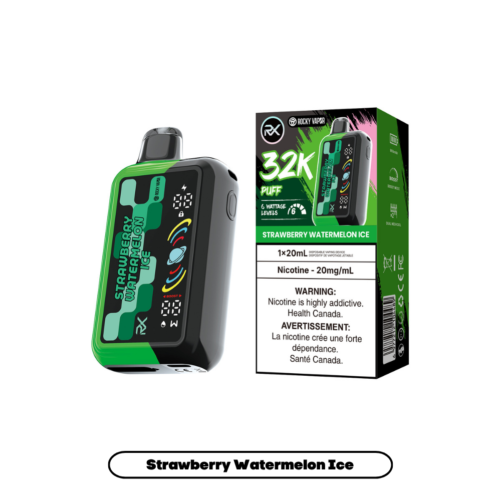 Rocky Vapor RX 32K disposable vape in Strawberry Watermelon Ice flavour, 32,000 puffs, 20mL | Supa Vapes Canada