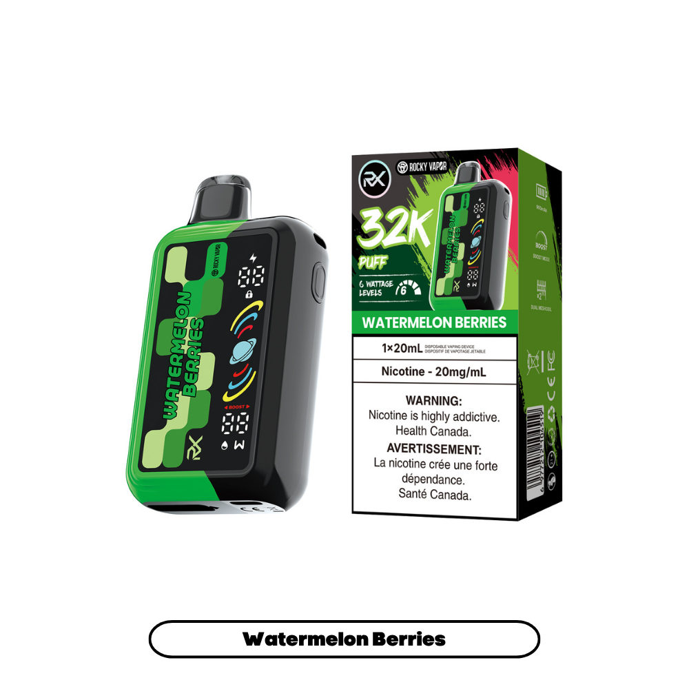 Rocky Vapor RX 32K disposable vape in Watermelon Berries flavour, 32,000 puffs, 20mL | Supa Vapes Canada