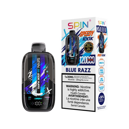 SPIN Speedy 120K disposable vape in Blue Razz flavour with box, 120,000 puffs, 30mL | Supa Vapes Canada