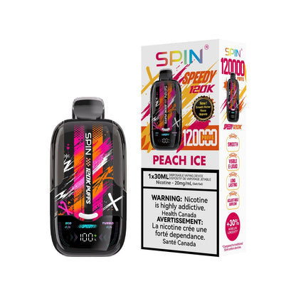SPIN Speedy 120K disposable vape in Peach Ice flavour with box, 120,000 puffs, 30mL | Supa Vapes Canada