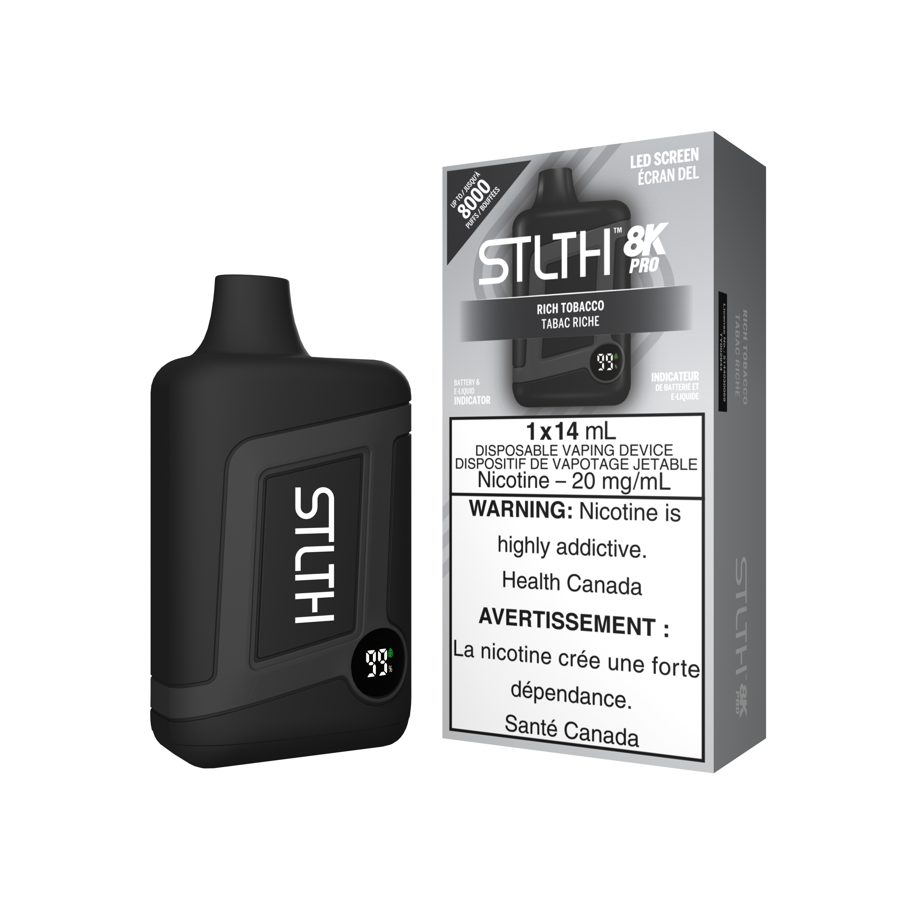 STLTH 8K PRO disposable vape, Green Apple Ice flavour with 20mg nicotine, extended use with LED juice and battery indicator, ideal for Ontario and Quebec vapers.