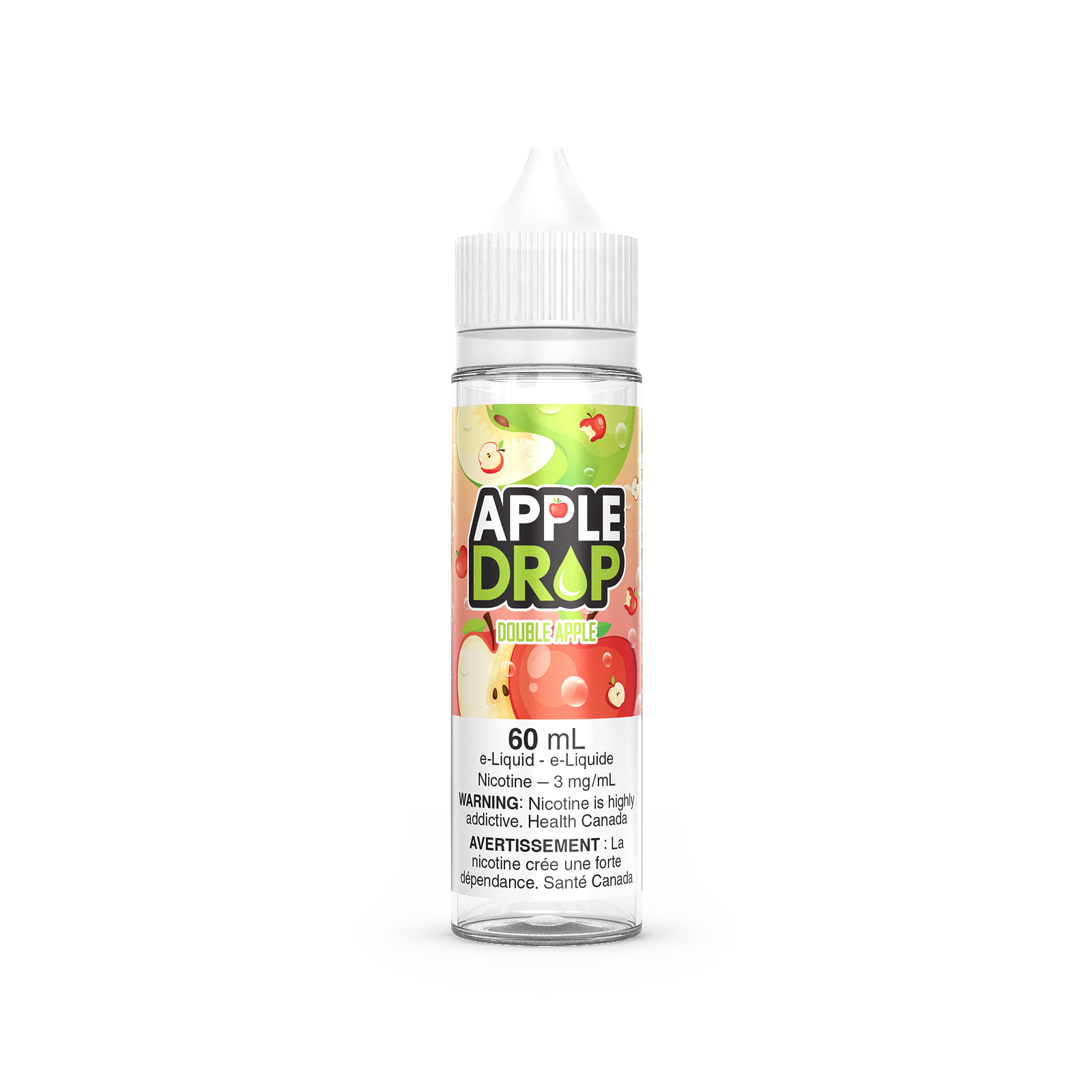 Apple Drop 60mL, Double Apple flavour vape juice with 3mg nicotine, crisp sweet apple blend, smooth and satisfying hits, ideal for Ontario and Quebec vapers.