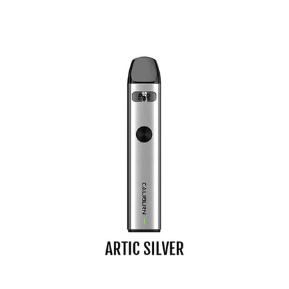 UWELL Caliburn A2 Kit, Arctic Silver color, draw-activated and button-activated vaping modes, compact and convenient pod system, ideal for flavorful vaping in Ontario and Quebec.