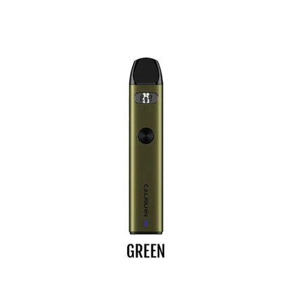 UWELL Caliburn A2 Kit, Green flavor pod kit with 0.9-ohm coil, 520mAh battery, anti-leak technology, designed for Ontario and Quebec vapers.