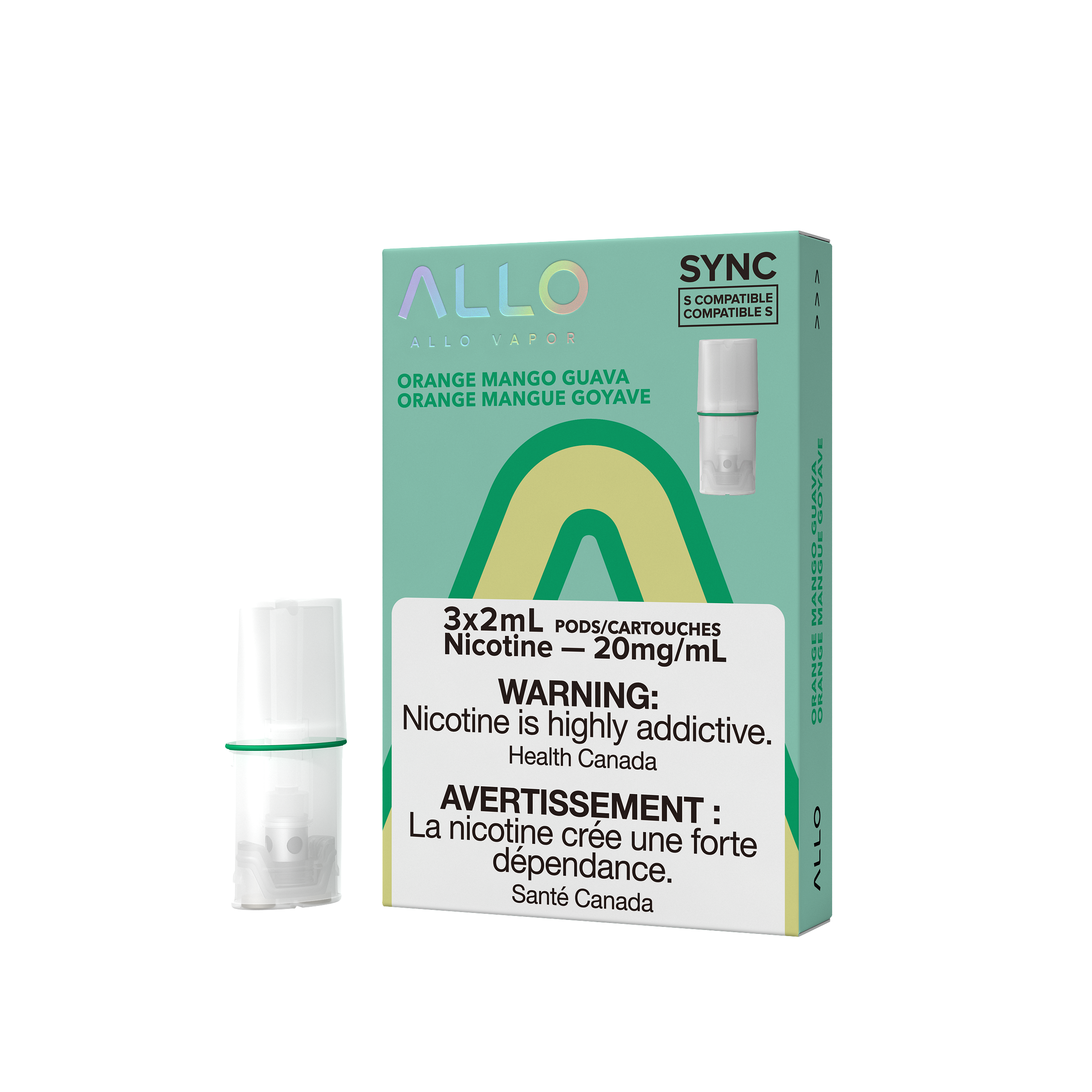 Allo Sync Pod, Strawberry Banana flavour, 20mg nicotine, STLTH-compatible with mesh coil for a smooth vape experience, designed for Ontario and Quebec vapers.