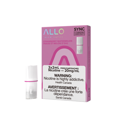 Allo Sync Pods, Watermelon Strawberry Kiwi flavour, 20mg/mL nicotine, STLTH-compatible pods for smooth and flexible vaping, designed for Ontario and Quebec users.