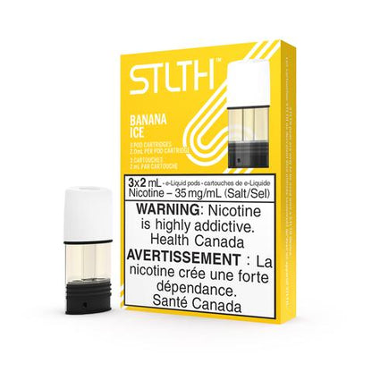 STLTH Pods, Banana Ice flavour, 20mg nicotine strength, rechargeable vape pods for smooth vaping, ideal for adult vapers in Ontario and Quebec.