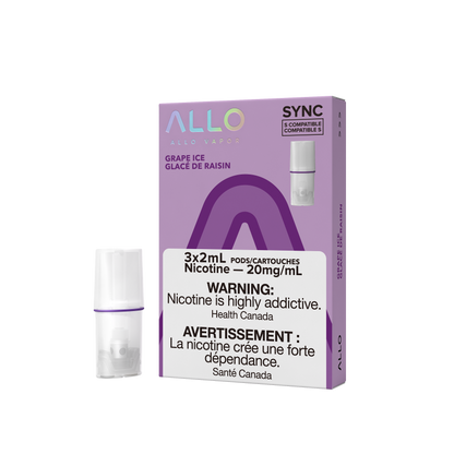 Allo Sync Pods, Grape Ice flavour with 20mg nicotine, STLTH compatible draw-activated pod, mesh coil for smooth vaping experience, ideal for Ontario and Quebec vapers.
