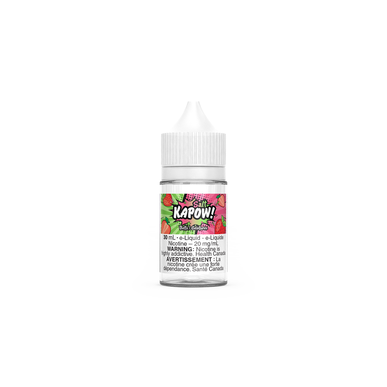 KAPOW! Salt Nic, Belts flavour, 12mg salt nicotine sweet candy-flavour e-liquid, designed for Ontario and Quebec vapers.